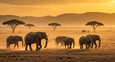 Fototapeta premium Elephant herd walks in golden, dusty savanna light