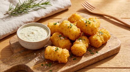 Crispy Golden Tater Tots Served with Creamy Dipping Sauce on a Rustic Wooden Board