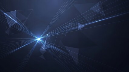 Blue geometric shapes and lines radiating from a central light source on dark background
