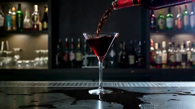 The Art of Pouring: A visually captivating image of a martini glass, the rich red liquid is being gracefully poured, the droplets create a sense of anticipation and indulgence.