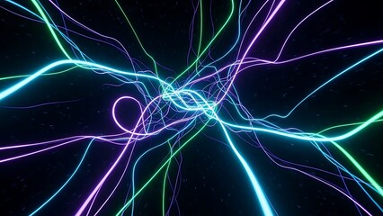 Colorful neon light trails on dark background with small dots purple