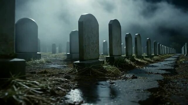 Row upon row of somber gray stone gravestones stand solemnly in a forgotten, overgrown cemetery under a dramatic, heavily clouded, and eerie nighttime sky.