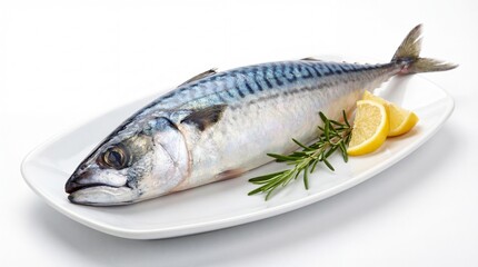 Fresh Mackerel Fish Garnished with Lemon Wedges and Rosemary on White Plate