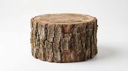 Round Wooden Log with Textured Bark on White Background for Natural Decoration or Craft
