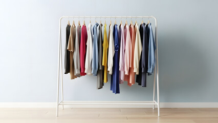a minimalist aesthetic is displayed with a clothing rack prominently featuring a diverse collection of neatly hung garments in muted tones high quality professional detailed modern