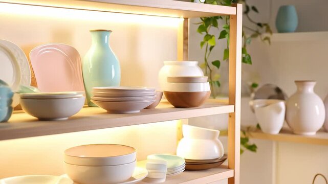 Display of elegant ceramic dishes and vases on a wooden shelf with warm lighting.