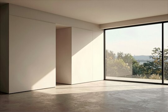 Minimalist modern interior with large glass window overlooking greenery and distant hills
