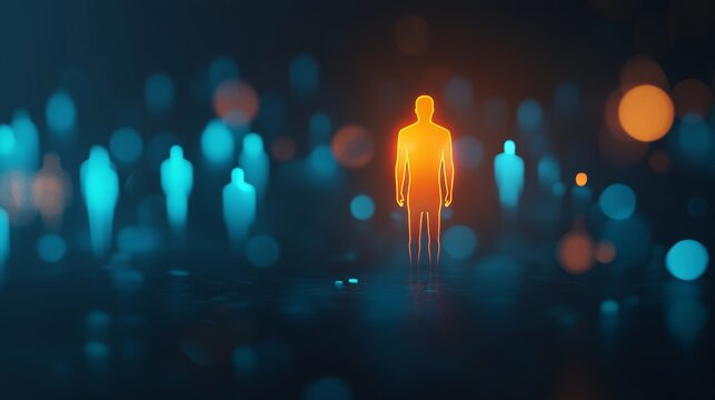 Glowing orange human leader stands out among blurred blue and orange figures in dark space highlighting the theme of leadership and individual prominence in the night