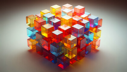 Close-up of stack of vibrant glowing glass blocks with internal light