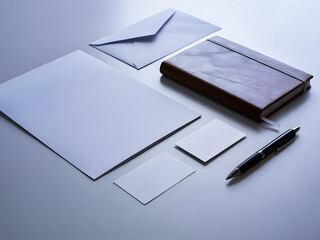 Corporate stationery mockup with envelope notebook and pen
