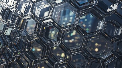 Close-up of transparent glass or crystal hexagonal honeycomb structure with blurred city lights in background