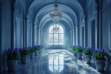 Fototapeta premium Luxury interior of a white grand ballroom with arches and chandeliers