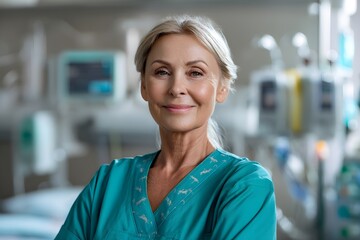 Portrait of a confident senior female nurse or doctor in a modern hospital setting, wearing medical scrubs, smiling with arms crossed, professional healthcare environment.
