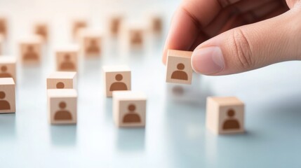 Human resource selection showing a hand sorting candidate icons in a modern recruitment setting with neutral lighting and a focus on employee evaluation