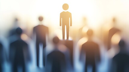 Leadership selection concept shows one figure elevated above a group in a modern corporate setting with subtle light focus