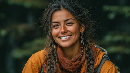 <Joyful Woman with Braids Smiling in Scenic Forest: Outdoor Adventure Portrait>