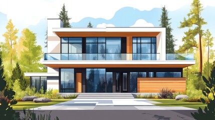 Modern house exterior with large windows and a balcony in a sunny setting