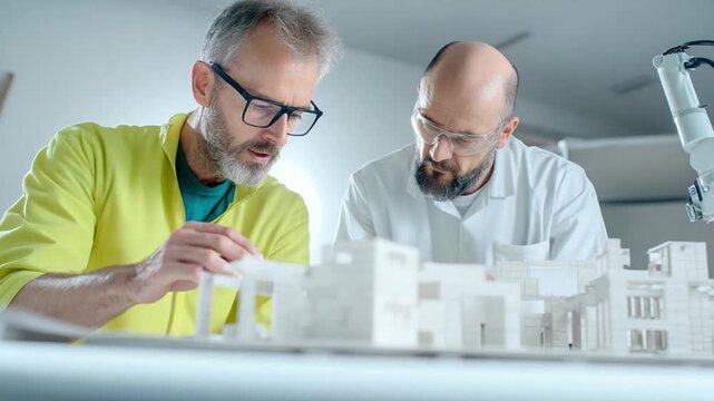 Blueprint Discussions: Two focused professionals, deeply engaged in a technical discussion over a detailed architectural blueprint, representing expertise and collaboration.