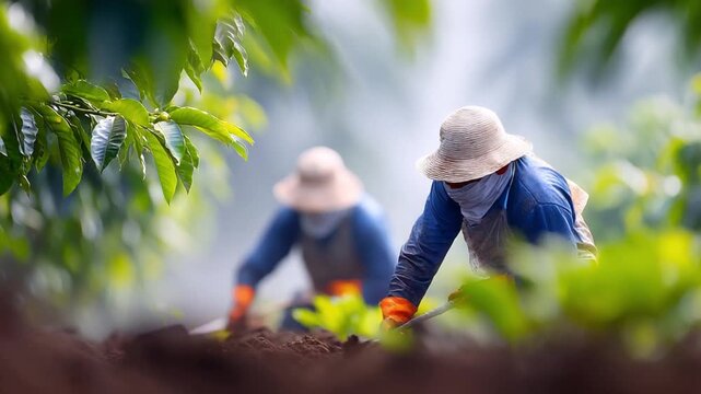 Nurturing the Earth: Farmers toiling diligently in a lush field. capturing the connection between agriculture and hardworking individuals. 
