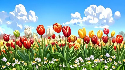 Spring booming. Life. New hope. Season. A vivid illustration of a lush meadow with a variety of flowers, including tulips and daisies.