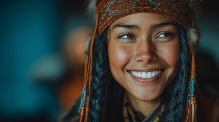 Vibrant Indigenous Portrait: Smiling Woman in Traditional Clothing with Braided Hair and Ethnic Accessories