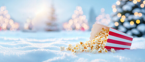 Spilled popcorn cup snowy winter landscape glowing holiday lights, cinematic winter mood home streaming services, seasonal entertainment background, relaxed evening concept, banner wide copy space