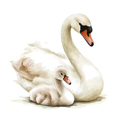 Obraz premium watercolor of Mother Swan With Her Kid graphic, isolated on a white background.