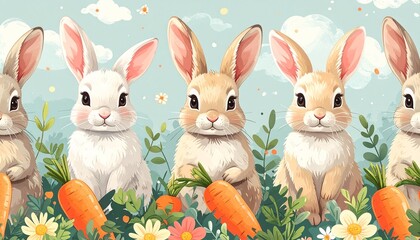 A playful and colorful illustration featuring cute rabbits surrounded by fresh carrots and flowers. Perfect for Easter themed designs and festive decorations. AI
