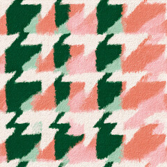 Pastel houndstooth pattern, seamless green and peach textile design, hand-painted gouache, flat 2D, clean and decorative 