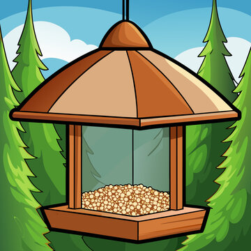 Pengumpan burung kayu alami yang diisi dengan biji tergantung di luar ruangan dengan latar belakang hutan yang lembut kabur, mengundang pengunjung