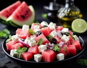 Watermelon feta salad on black plate close up shot healthy eating summer food photography