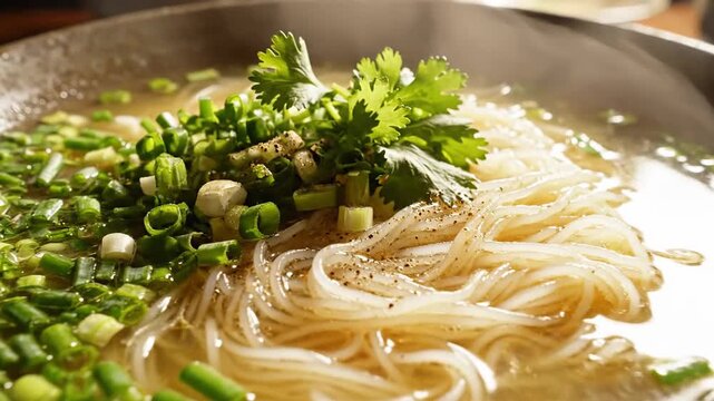 Aromatic Mee Hun Soup Garnished with Fresh Herbs