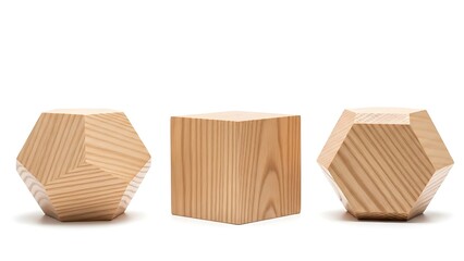 Three wooden geometric shapes with different textures and patterns on white background