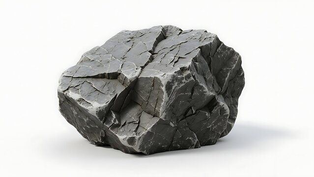 Large gray rock with rough surface and cracks on white background
