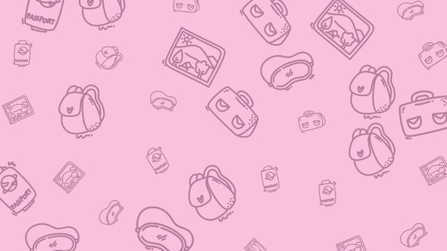 Pink background with outlined cartoon backpacks and other objects. Suitable for schoolthemed designs, stationery, and childrens products. Backpacks, books, and supplies in fun style.