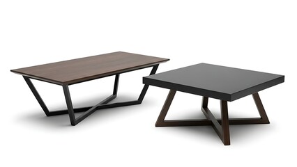 Two modern coffee tables with unique geometric metal legs and wooden tops in different colors