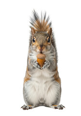 Obraz premium An adult Eastern gray squirrel with fluffy fur and bushy tail stands upright, holding an acorn, looking at camera on a transparent background with copy space, studio wildlife photography concept.