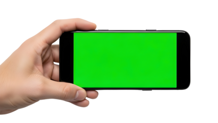 Hand holding modern black smartphone horizontally with blank green screen for mockup and display isolated PNG with Transparent Background