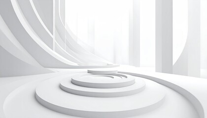 Obraz premium Abstract White Architecture Interior with Circular Platform and Curves.