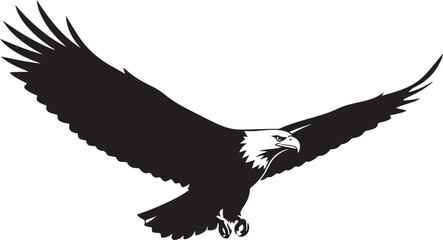 Obraz premium Flying Eagle Silhouette Vector IllustrationMajestic Bald Eagle Black Silhouette ArtSoaring Eagle Wings Spread Silhouette Design