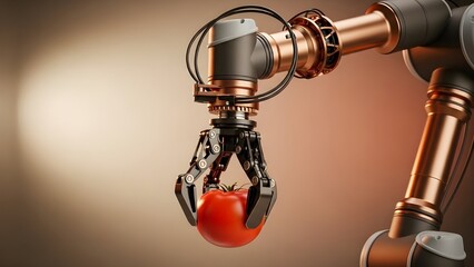 Obraz premium Futuristic bronze robotic arm holding fresh red tomato in studio for precision agriculture tech