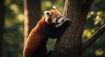 Fototapeta premium Red panda climbs tree, blurry forest backdrop