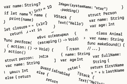 background with randomly scattered programming language codes. black characters on a white background