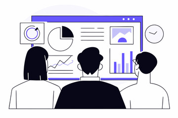 AI-generated conceptual illustration of enterprise compliance team reviewing AI decision audit logs on secure dashboard, flat modern corporate style