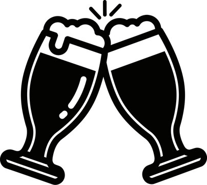 Two stylized beer glasses clinking together in celebration illustrating a toast or happy moment with foamy tops