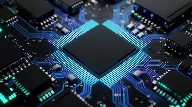 Close-up of a modern microchip on a circuit board animation