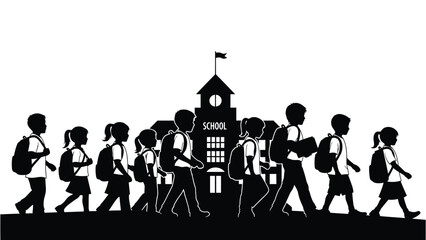 A silhouette of students walking towards a school building with a flag