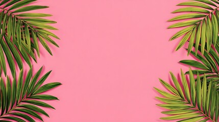 Symmetrical Palm Leaf Frame on Pink Background with Center Copy Space
