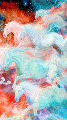 Celestial Horses in Cosmic Dance: A surreal depiction of ethereal horses galloping gracefully through a vibrant nebula. Their spectral forms merge with the cosmic energy.