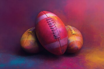 Gridiron Trinity: A trio of footballs rest, showcasing a vibrant display of sports equipment on a colorful backdrop.